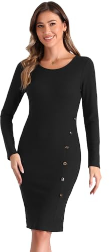 Allegra K Donna Abito Tubino in Maglia A Coste per Abiti Casual in Maglione con Scollo A Barca, Maniche Lunghe, Decorazioni con Bottoni Nero L
