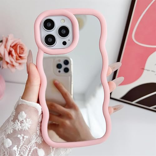Tybiky Kompatibelt med iPhone 11 Pro Curly Wave Mirror, mobilskal, söta lockiga vågor, ramform, spegel, makeup, fodral, mjukt, stötsäkert silikon, skyddsfodral för underbar stil, kvinnor och flickor,