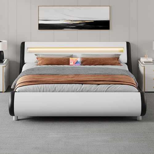 YITAHOME King Bed Frame,Upholstered Led Bed Frame with Lights & Storage Charging Station,Platform Bed Frame with Pu Leather/No Box Spring Needed,White and Obsidian Black