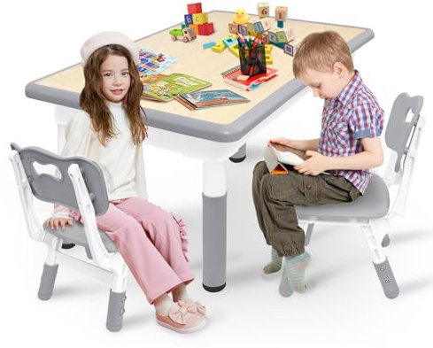 Kidsbuddy Kindertisch mit 2 Stühlen，Kindersitzgruppe Höhenverstellbar，Robust und Standfest，Plastik Kindermöbel，Kinder Tisch Stuhl Set，Kinder-Sitzgarnitur für Kinderzimmer Kindergärten，Grau，60 * 60cm