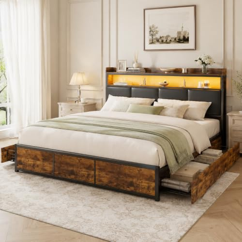 PerGar LED Metallbett 160x200 cm, Bettgestell mit 4 Schubladen & Stauraum | Modernes Doppelbett Vintage Holz & Schwarz, Funktionsbett mit LED-Kopfteil-Ablage, Stabiles Industriedesign Ehebett PU-Leder