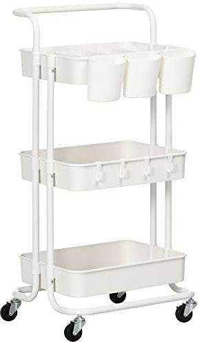 HOMCOM 3 Tier Utility Rolling Cart, Kitchen Cart with 3 Removable Mesh Baskets, 3 Hanging Box, 4 Hooks and Dividers for Living Room, Laundry, Garage, White