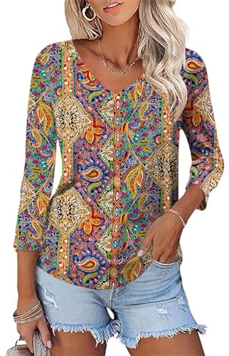 Rapbin Boho Tops for Women 3/4 Sleeve Fashion Floral Blouses V Neck T Shirts Summer 2026 Casual Workout Tunic Top