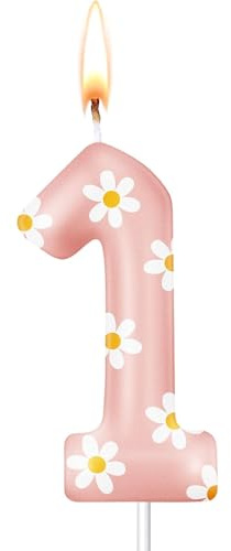 DazzJoy Gänseblümchen Geburtstagskerzen Zahlen 1, Gänseblümchen Kerze Cake Topper 1. Geburtstag Mädchen Junge Deko, Geburtstagskerze 1 Geburtstag Mädchen Deko, Zahlenkerze 1 Rosa(ca.8,5cm)