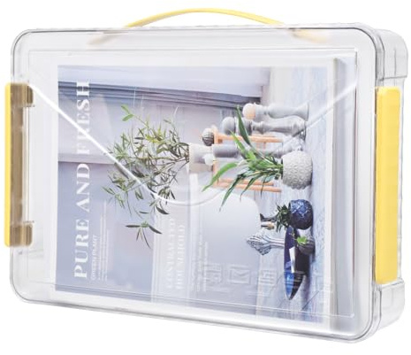 Elezeal Clear Storage Boxes with Lid - A4 Transparent Paper Storage Organiser with Handle and Portable Project Case Organizer for Storing Certificates, Scrapbook, Toys, and Invoices (Yellow Handle)