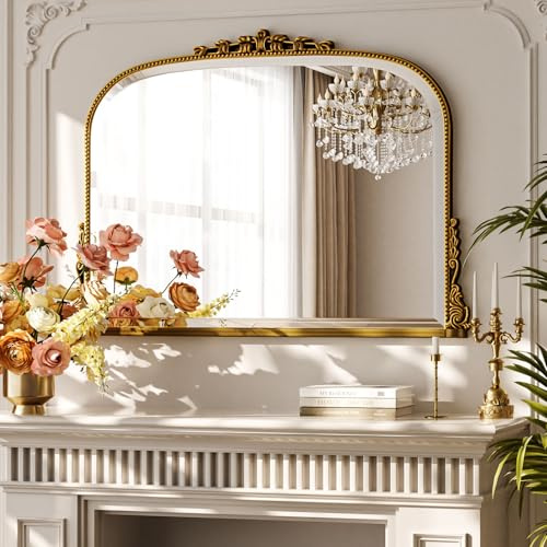 BEAUTYPEAK Espejo de Pared Curvo 90x67 cm, Espejo Barroco Oval con Marco Dorado, Espejo Vintage Resistente a Romperse, Gran Espejo Decorativo para Salón, Baño, Pasillo