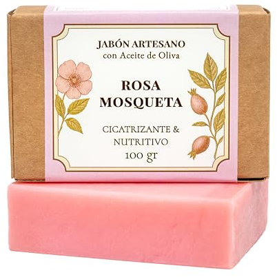 CABRERIZO SOAP Jabón Artesanal de Rosa Mosqueta y Aceite de Oliva 100 gr, JABON ROSA MOSQUETA para cicatrices – Limpieza nutritiva y reparadora, Pastilla Jabón Cara – Pieles sensibles o irritadas