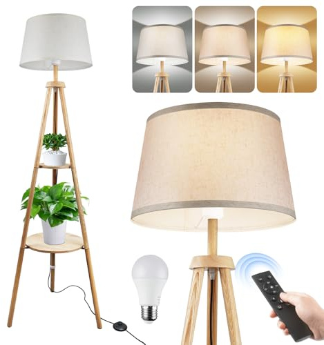 BatdTech Stehlampe Regal mit Fernbedienung & Fußschalter, stehlampe holz Dimmbar, Stehleuchte mit Regal 3 Farbtemperaturen, Timer, Dreifuß Holz, Für Wohnzimmer, Schlafzimmer, Büro