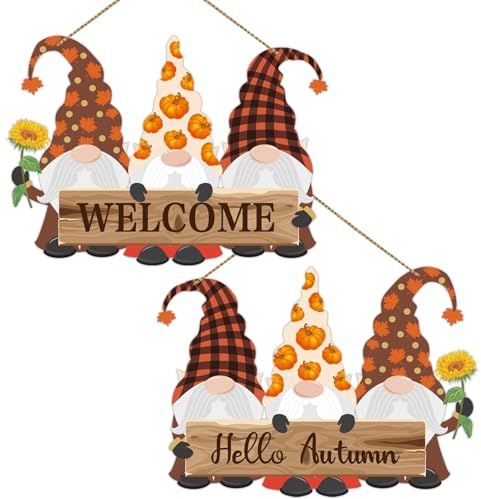 Hello Autumn Decorations, Double Sided Gnomes Wooden Hanging Plaque, Welcome Autumn Pumpkins Maple Sunflower Autumn Sign Gifts for Thanksgiving Autumn Home Decorations Accessories