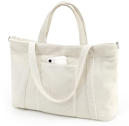 Yamobi Beige Strandtasche mit Reißverschluss,Big Bag Shopper Tasche Damen Groß, Cord Strandtasche XXL mit Reißverschluss,Handtasche Umhängetasche für Arbeit, Reisen, Schule