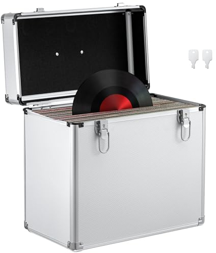Trintion Schallplatten Aufbewahrung 50 LP Plattenkoffer Schallplattenkoffer Tragbarer Abschließbarer Vinyl Koffer für 12-Zoll Schallplatten Schutzbox mit Transportfunktion Record Case Silber