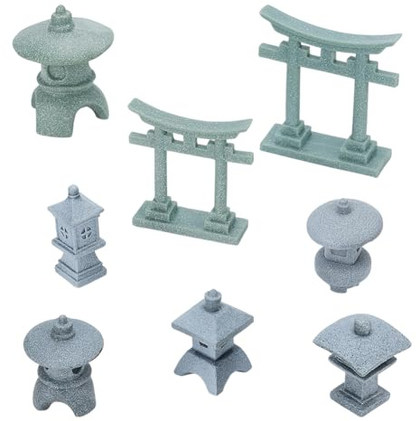 FINGERINSPIRE 8PCS Miniature Asian Decor 8 Style Mini Zen Garden Accessories Stone Lanterns and Torii Gates PVC Chinese Japanese Style Zen Decor for Bonsai Aquarium and Tabletop Display