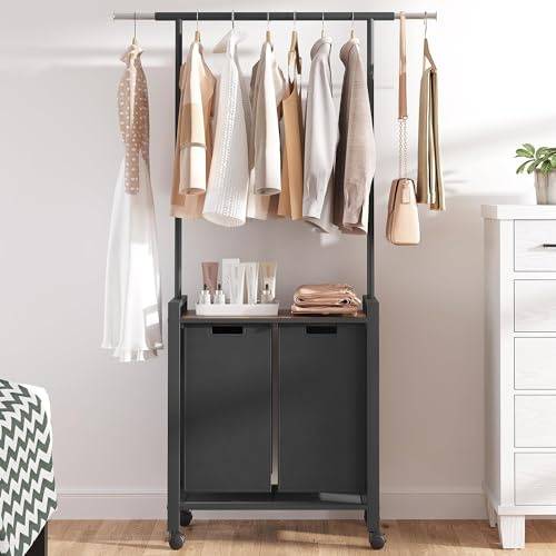 2 Laundry Hamper Sorter with Wheel/Lockable, Laundry Room Organization With Shelf, 42 Hanging Rack+12 Extendable Rod, Laundry Basket for Balcony, Cloakroom