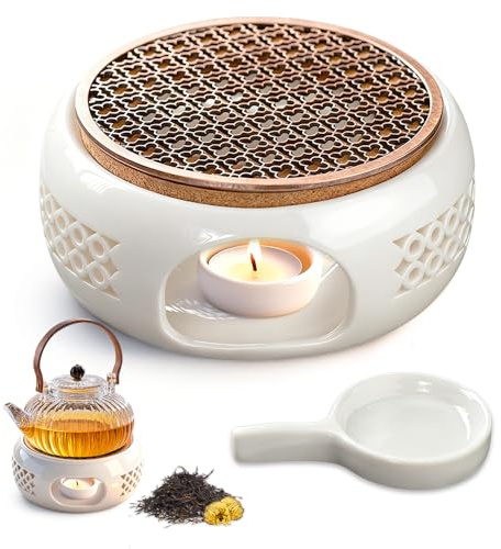 Stövchen für Teekanne, Porzellan Teestövchen, Weiß Stövchen Keramik mit Teelichthalter und Herdmatte Hohl Geschnitztes Design für Wärmeerhaltung von Tee Kaffee