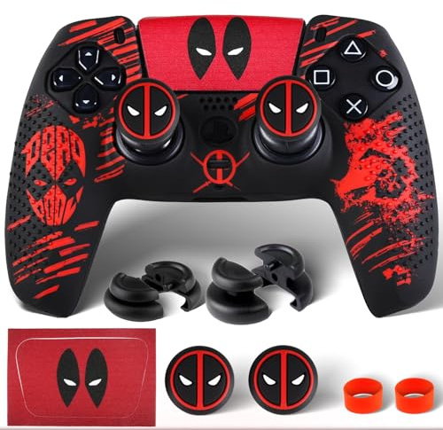 PlayRealm Silicone Skin Cover Sticker x 1 & Extender Grips x 2 for PS5 Controller Deapool