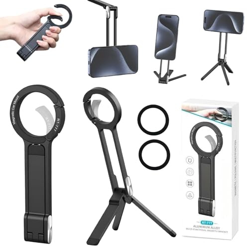 MA38 Magnetic Phone Tripod Stand, Aluminium Strong Magnet Mini Pocket Selfie Stick with 2 Magnetic Ring, Carabiner-style Design Portable Smartphone Tripod Quick Mount Compatible with iosphone Series