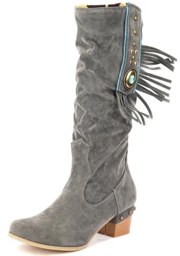 Femmes À Enfiler Bottes De Cowboy Western Bout Rond Botte Longues avec Franges Suède Synthétique Bottes Hautes Au Genou avec Clous,Gris,40 EU