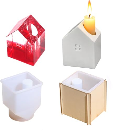 KZXCVS Silikonform Haus Kreate deine eigenen Kerzenhalter! Komplett-Set mit Silikonform & Holzständer - Wiederverwendbare Gießform für einzigartige Heimdekoration aus Wachs, Gips oder Harz
