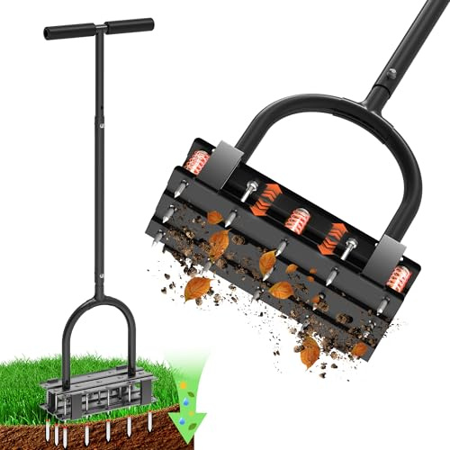 Aerator Lawn Tool - 2-in-1 Reinforced Heavy Duty Manual Lawn Aerator with 15 Spikes, Automatic Dirt and Leaf Clean Design, Adjustable T-Handle (Black)