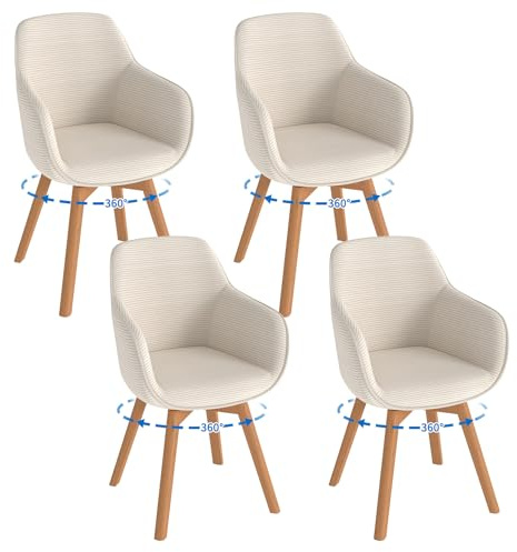 LEWE Chaises Salle à Manger Lot de 4 Pivotantes avec Accoudoirs, Pivotantes à 360°, Chaise Cuisine Moderne Velours Côtelé, Pieds et Dossier Bois pour Salon, Salle à Manger, Beige