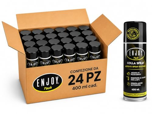 ENJOY TECH - Colla Extraforte Spray 24x400ML | Per Tessuti, Plastica, Legno, Auto e Metalli | Applicazione Permanente | Resistente a Intemperie e Calore | Made in Italy