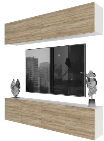 Belini Milano 6 Wohnwand Schrankwand TV-Schrank 200cm Sonoma Eiche Matt | Wohnwand mit grifflosem System, weiße Korpusse, DECOR ECONATURA kratzfest, Gasliftsystem, Wandmontage, Anbauwand, TV-Möbel