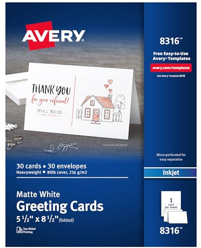 Avery Printable Half-Fold Greeting Cards, Envelopes Included, 5.5 x 8.5, Matte White, Inkjet Printer Compatible, 30 Blank Cards Total, Great for Product Branding, Marketing, and More (8316)