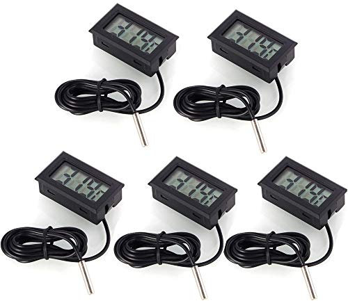 DollaTek 5Pcs Monitor de Temperatura Digital LCD Termómetro con sonda Externa para el refrigerador y congelador Acuario -Black