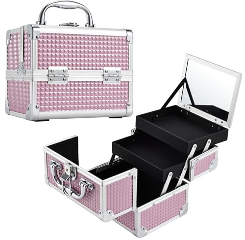 Joligrace Vanity Case Makeup Organiser Box Beauty Case Nail Polish Organiser Box Make Up Case with Mirror, 2 Trays, Lockable, Size: 19.5 x 15 x 16cm (Pink)