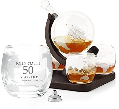 Maverton Globe Whiskey Decanter Set with 4 Glasses - 850 ml Carafe with Ship Inside - You can Personalise Tumblers as Gift for Men - 50. Birthday - Christmas Gifts