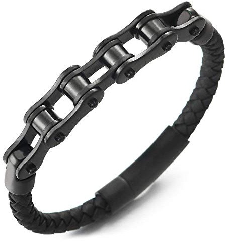 COOLSTEELANDBEYOND Acero Negro Bike Chain Cadena Bici Motocicleta Pulsera, Negro Cuero Trenzado Brazalete de Hombre, Cierre Mosquetón