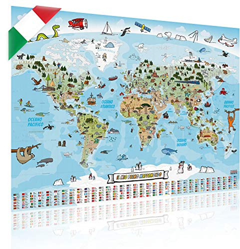 GOODS+GADGETS® Weltkarte Kinder XXL 140x100 cm - Illustriert auf Italienisch
