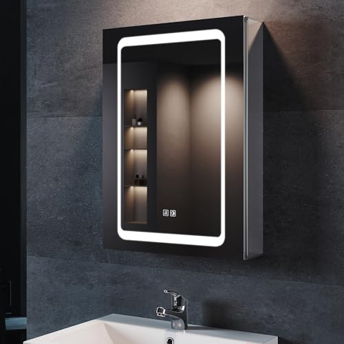 SONNI LED Spiegelschrank 50x70cm Aluminium Scharnier Steckdose Antibeschlag | Doppel-HD-Spiegel, 3 Lichtfarben, stufenlos dimmbar, Memory-Funktion & IP44. Ideal für moderne Badrenovierung