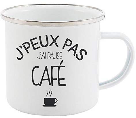 Mug Tasse Rétro en métal émaillé imprimé citation humour J'peux pas j'ai pause café ref 2330
