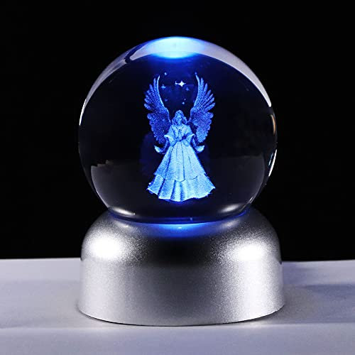 Ornalrist 2.36 K9 Crystal 3D Guardian Angel Gifts, Laser Engraved Glass Angel Figurines Ball Memorial Presents Ornament for Home Art Decoration with LED Light Base