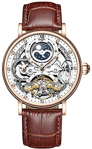 RORIOS Herrenuhr, wasserdicht, automatisch, mechanisch, Lederarmband, Tourbillon Armbanduhr für Herren, braun, Gurt