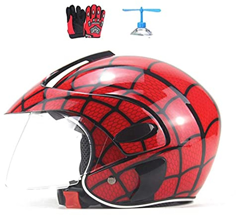 TOPLOOS Casque De Moto Spider Web Pour Enfants, Demi-Casque Avec Gant Pour Vélo Électrique, Scooter, Garçons 3-8 Ans