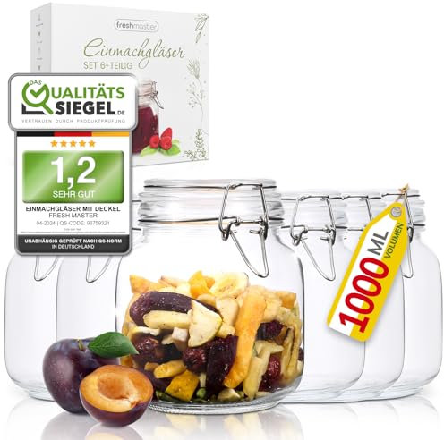 freshmaster Gläser mit Bügelverschluss - Set aus bruchsicherem Glas mit Spezialdichtung und Edelstahl Bügelverschluss - Vorratsgläser Gläser Set (6 x 1000ml)