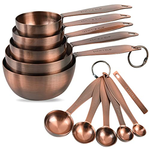 Kupfer-Messbecher- und Löffel-Set, enthält 5 Kupfer-Messbecher und 5 Messlöffel und Messlöffel und Messlöffel für Zutaten und Ringe (Kupfer)