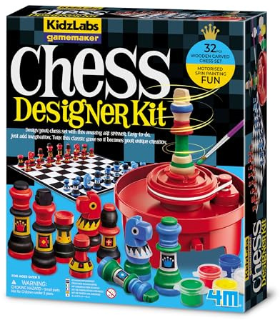 4M KidzLabs Motorised Spin Chess Kit for Kids | Creative STEM Chess Board Game Set with Wooden Pieces, Spin Painting Machine & Storage Pouch | Educational Learning Toy for Boys & Girls Age 5+