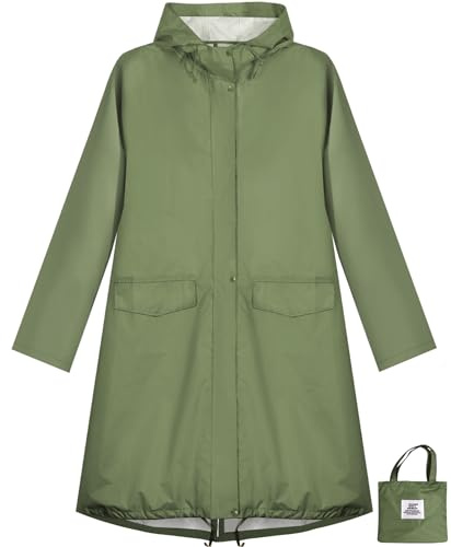 ANYOO Veste de Pluie Imperméable pour Femmes avec Capuche, Manteau de Pluie Léger et Long, Coupe-vent et Trench,Armée Verte,Taille unique