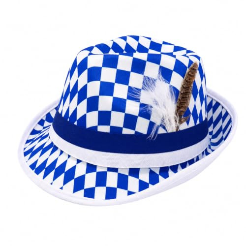 Bayerischer Partyhut BAVARIA blau-weiß – Rautenhut, Trachtenhut & Bayernhut mit Feder & Hutband für Damen & Herren – Oktoberfest, Volksfest, Fasching, Karneval, JGA, Mottoparty & Kostüm