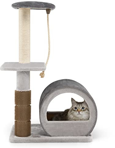COSTWAY Cat Tree, Multi-level Kitty Condo Climbing Tower with Groom Brush and Sisal Rope, Cats Scratching Post Activity Center (Grey)