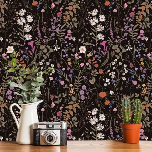 Wallpaper Self-Adhesive Blooming Vintage Colourful Flowers Wall Paper for Bedroom Living Room Cabinet, Peel and Stick Beige Sketch Little Flowers Wallpaper Mural 7.1 sq. feet (17.3''''x59.1'', Black)