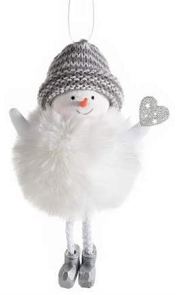 Geschenk-Anhänger kuscheliger Schneemann-Pompon | Maße: 14 x 8 x 6 cm | in 2 Varianten erhältlich | mit Herz oder Stern in Silber