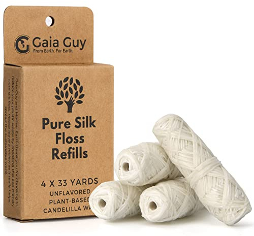 Gaia Guy Recharge de fil dentaire en soie | Soie naturelle non aromatisée | 4 bobines x 27 m | Fil de soie compostable, durable et biodégradable et emballage respectueux de l'environnement