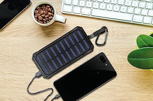 Mobility Lab - ML312194 - Power Bank Solaire 10000 mAh Noir, Témoins LED, Panneau Solaire, Lampe LED, Mousqueton pour téléphone et Tablette