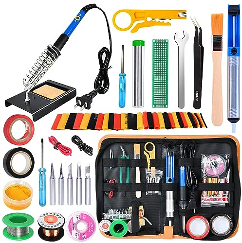 Soldering Iron Kit, 60W 110V Soldering Iron Adjustable Temperature, Desoldering Pump, 5 Solder Tips, Solder Wire, Stand, Solder Wick.