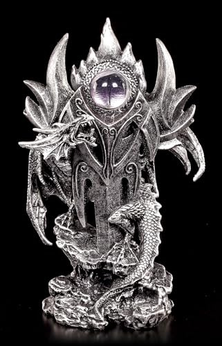 Taran's Auge Drachenfigur – 23,5 cm, Silberfarbener Drache mit mystischem Drachenauge - Deko Figur Statue Gothic