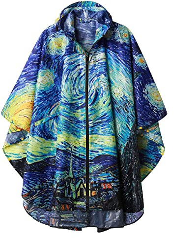 Regenponcho Damen Herren Wasserdichte, Regencape mit Kapuze Reißverschluss, Regenmantel Damen Wiederverwendbar, Regenponcho Fahrrad Wandern, Regenjacke Damen Leicht Van Gogh die Sternennacht